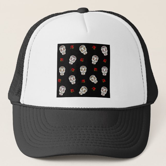 Casquette RAB Rockabilly Sugar Skulls Roses On Black (Devant)