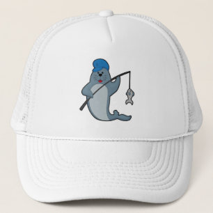 Casquette Sceau à la pêche avec bâtonnet de pêche et poisson