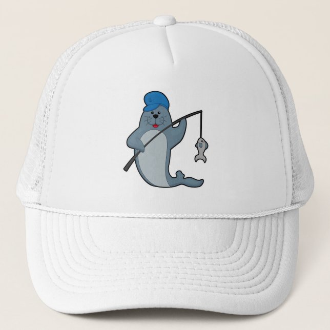 Casquette Sceau à la pêche avec bâtonnet de pêche et poisson (Devant)