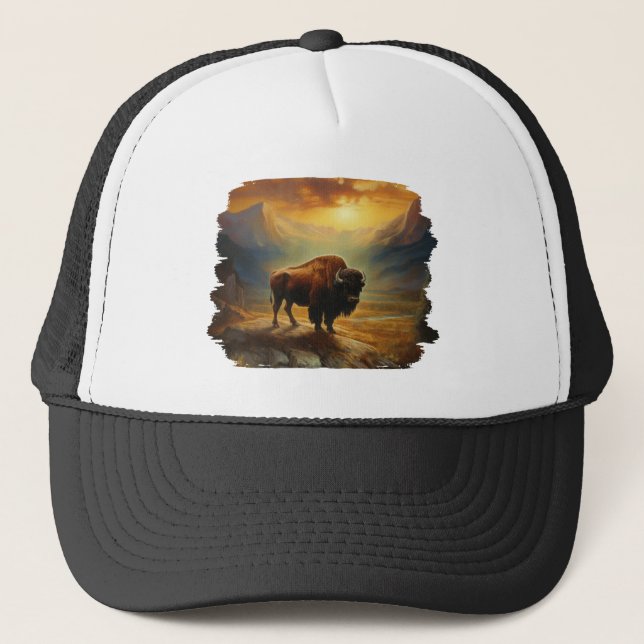Casquette Silhouette du coucher de soleil de bison de buffle (Devant)