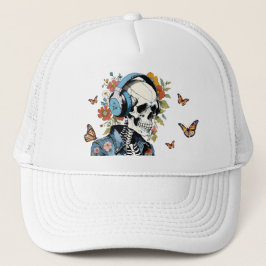 Casquette Squelette à l'écoute des écouteurs Papillon Floral