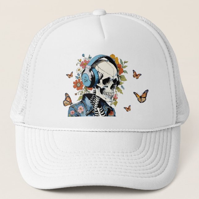 Casquette Squelette à l'écoute des écouteurs Papillon Floral (Devant)