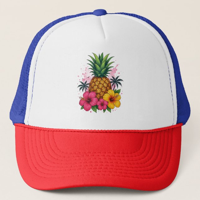 Casquette Tropical Pineapple Floral Trucker Hat  Red White (Devant)