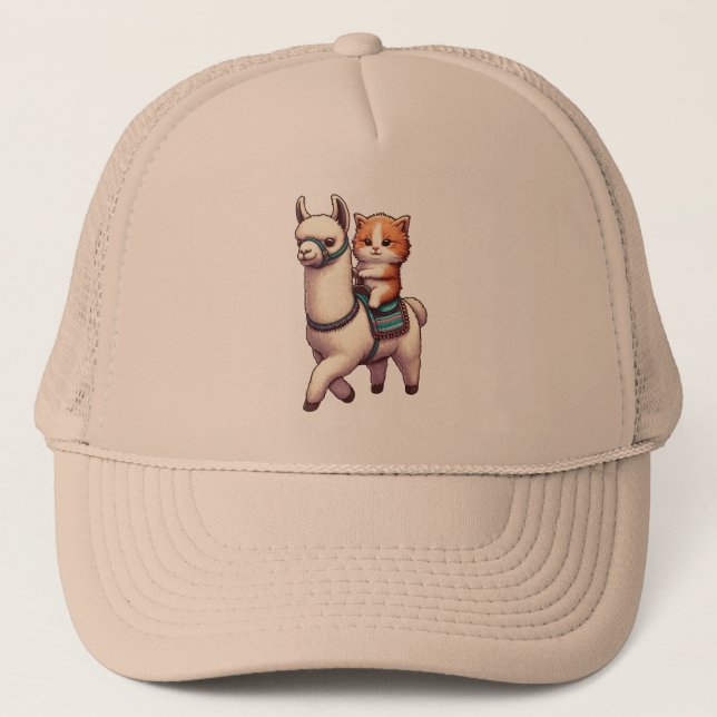 Casquette Un Cudtly Kitten Riding Fluffy Llama, Cat et Llama (Devant)