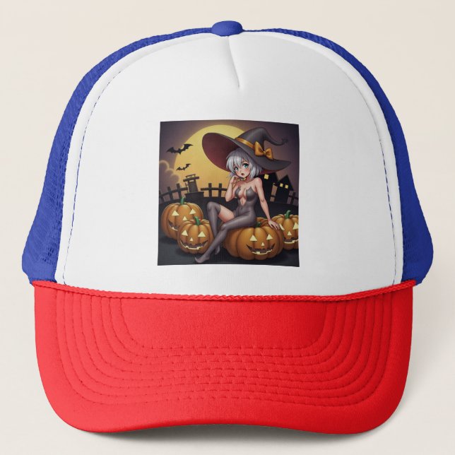 Casquette Une sorcière d'Halloween aux yeux verts sur Jack-O (Devant)