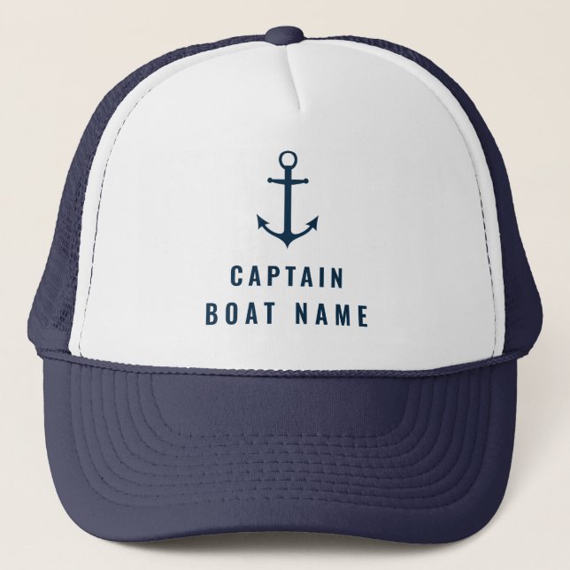 Casquette Votre nom de bateau Nautical Blue blanc Ancre Capi (Devant)