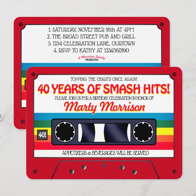 Cassette rouge rétro des années 80 Invitation de f (Devant / Derrière)