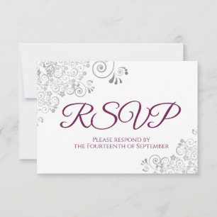 Cassis Lila auf White Elegante Silver Lace Wedding RSVP Karte