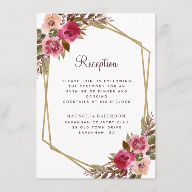 Cassis Lila florale Gold Rahmen Hochzeitsempfang Begleitkarte (Vorderseite)