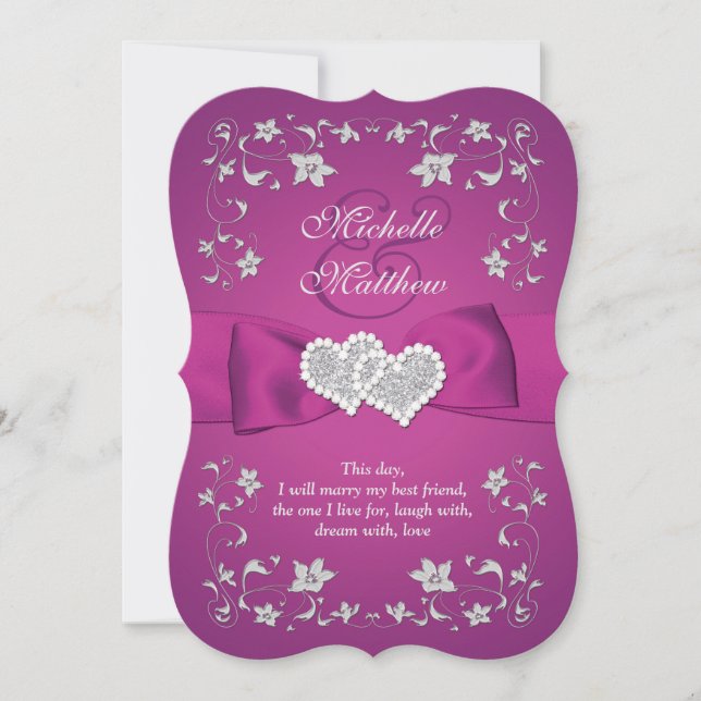 Cassis Lila, Silber, Blumen, Herz Hochzeiten Einladung (Vorderseite)
