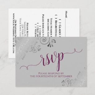 Cassis on Gray Silver Lace Calligraphy Wedding RSVP Karte