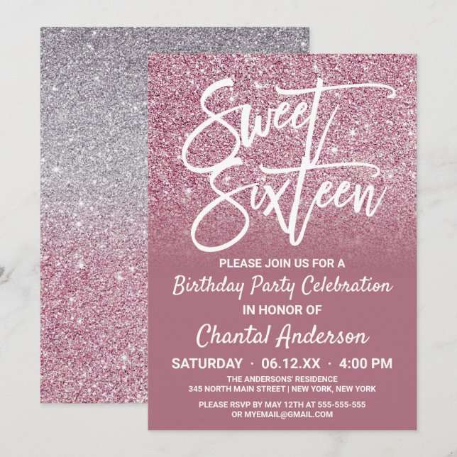 Cassis Pink Silver Glitzer Ombre 16 . Geburtstag Einladung (Vorne/Hinten)
