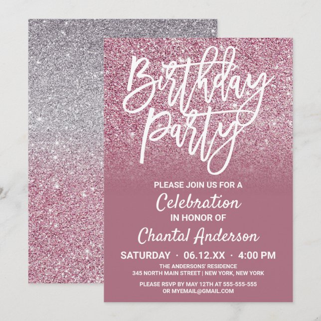 Cassis Pink Silver Imitate Glitzer Ombre Geburtsta Einladung (Vorne/Hinten)
