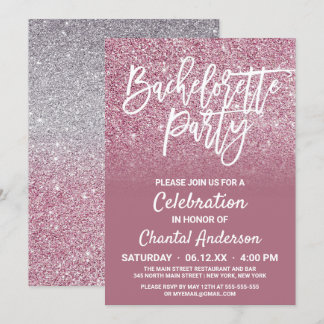 Cassis Pink Silver Imitats Glitzer Ombre Bachelore Einladung