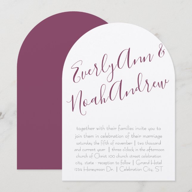 Cassis Plum Lila Minimalistische Typografie Hochze Einladung (Vorne/Hinten)