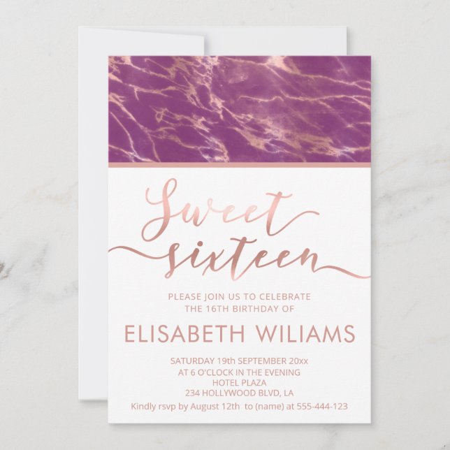 Cassis Rose Goldmarmor Chic Kalligraphie Einladung (Vorderseite)