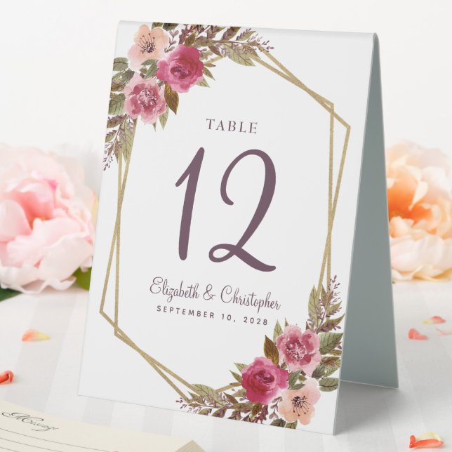 Cassis Wedding Tischnummer Floral Gold Geometric Tischaufsteller (In Situ (Hochzeit))