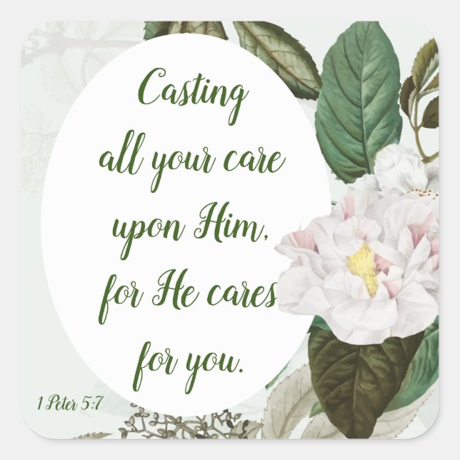 Cast your Cares, Anxiety, Worry Inspirational Quadratischer Aufkleber (Vorderseite)