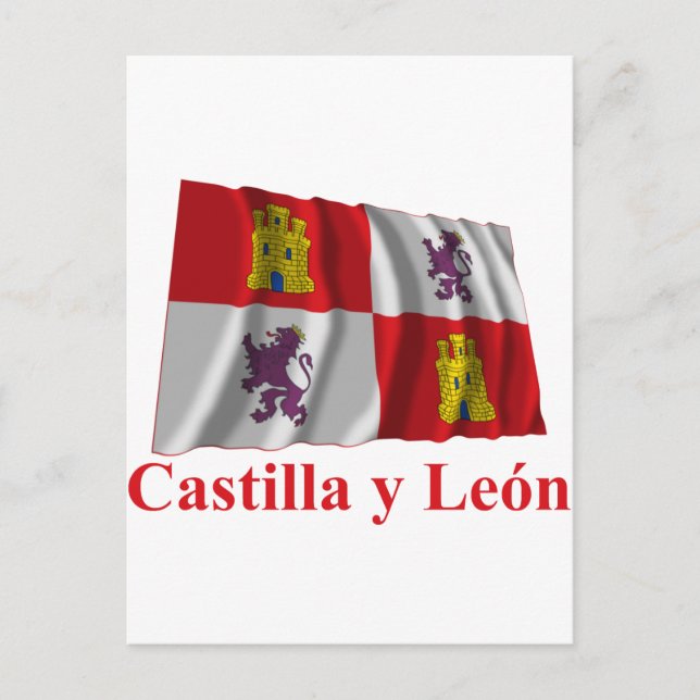 Castilla y León windet Flagge mit Namen Postkarte (Vorderseite)
