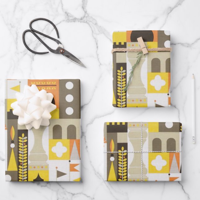 Castle Blocks Orange Geschenkpapier Set (Vorderseite)