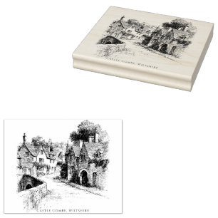 Castle Combe Village Sketch, Wiltshire England Gummistempel