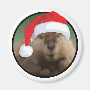 Castor de Noël - Aimant rond standard de 2¼ pouces