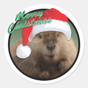 Castor de Noël - Sticker rond classique, brillant