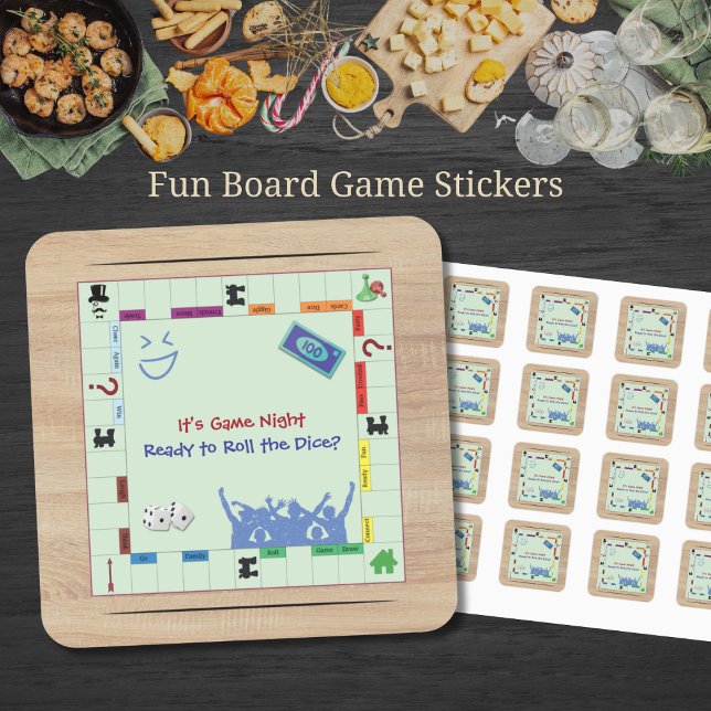 Casual and Fun Board Game Night Square Sticker (Fun board game stickers featuring retro dice and game piece icons for a casual game night.)