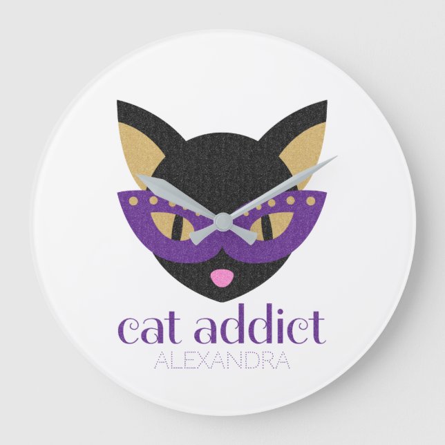 Cat Addict Cute Black Purple Gold Customized Name Große Wanduhr (Vorderseite)