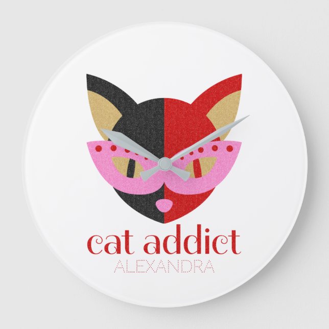 Cat Addict Cute Black Red Pink Name Personalized Große Wanduhr (Vorderseite)