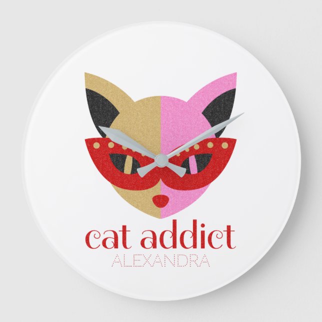 Cat Addict Cute Red Pink Gold Name Personalized Große Wanduhr (Vorderseite)