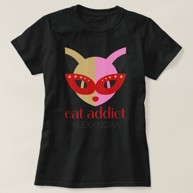 Cat Addict Niedlich Red Roink Gold Angepasster Nam T-Shirt (Design vorne)