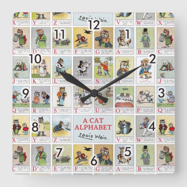Cat Alphabet, Louis Wain Quadratische Wanduhr (Vorderseite)