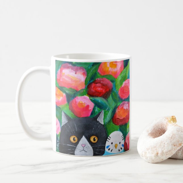 Cat and Blue Budgie Niedliches Haustier Lover Quir Kaffeetasse (Mit Donut)