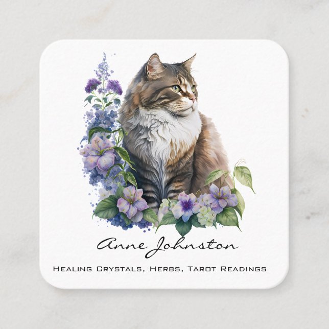 Cat and Blume Square Business Card Quadratische Visitenkarte (Vorderseite)