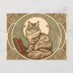 Cat and Books Framed With Geometrical Ornament Postkarte