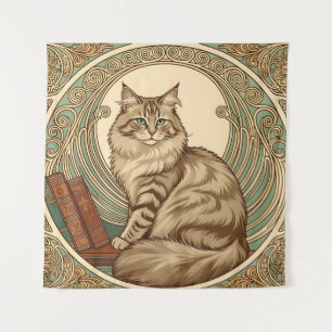 Cat and Books Framed With Geometrical Ornament Wandteppich