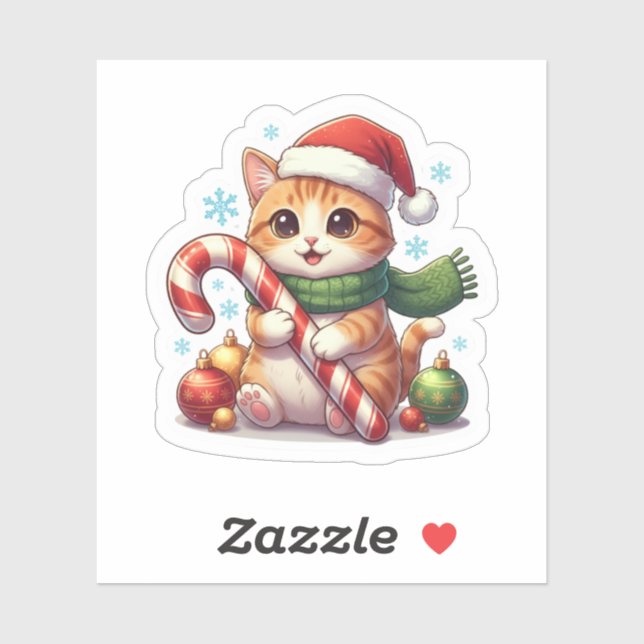 Cat and Candy Cane Cute Christmas Holiday Sticker (Feuille)