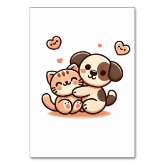 Cat and Dog Hug - Carte de table d'amitié adorable
