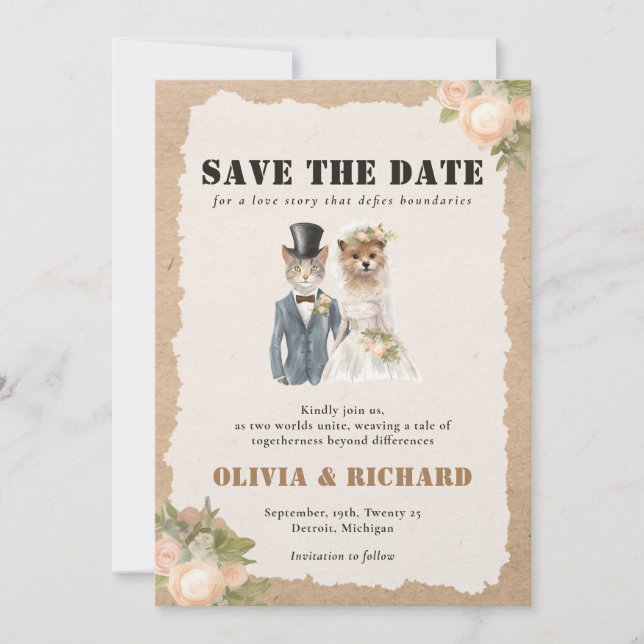 Cat and Dog Wedding Save the Date Einladung (Vorderseite)