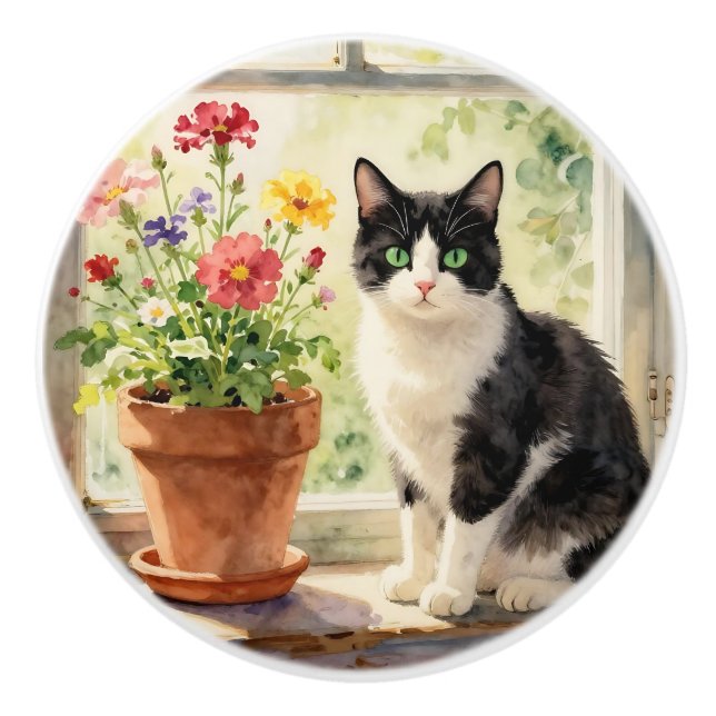 Cat and Flower Themed Keramikknauf (Vorderseite)
