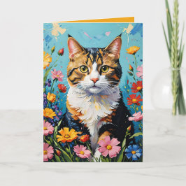 Cat and Flowers Greetings Card Karte
