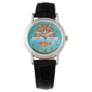 Cat and Goldfish Bowl Hunger Funny Grinning Kitty Armbanduhr