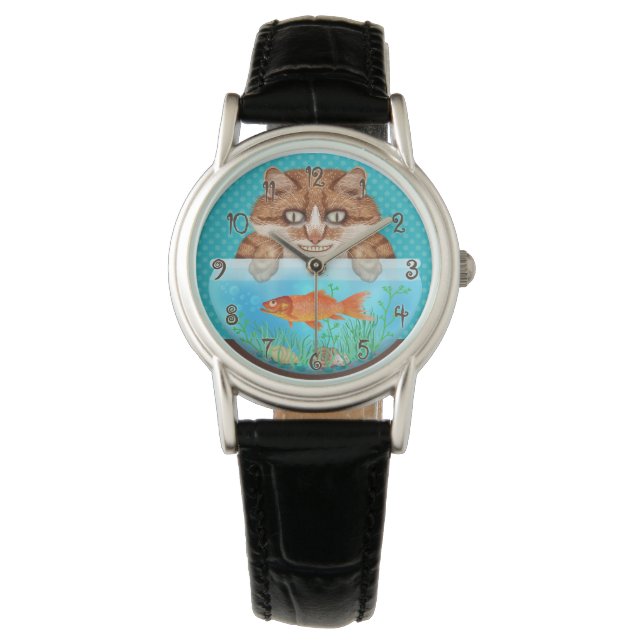 Cat and Goldfish Bowl Hunger Funny Grinning Kitty Armbanduhr (Vorderseite)
