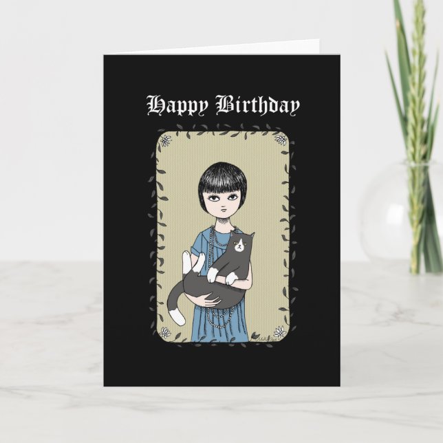 Cat and Goth Girl Creepy Dark Art Happy Birthday Karte (Vorderseite)