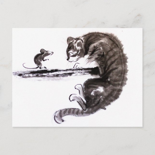 Cat and Mouse begegnen Sumie-Malerei Postkarte (Vorderseite)