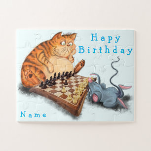 Cat and Mouse Playing Chess - Add Name - Birthday