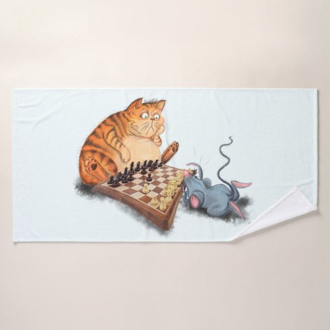 Cat and mouse Playing Chess Cartoon Drawing Fun (Serviette de bain)