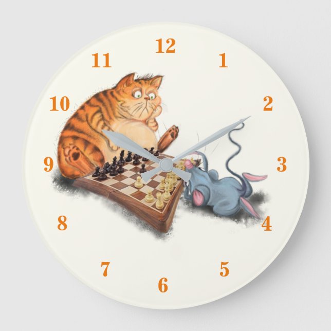 Cat and Mouse Playing Chess Cartoon Drawing Fun Große Wanduhr (Vorderseite)