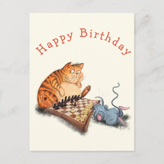 Cat and Mouse Playing Chess Funny Birthday Card Postkarte (Vorderseite)